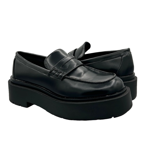 H&M Black Faux Leather Chunky Platform Preppy Slip On Penny Loafers (6) - Picture 1 of 16